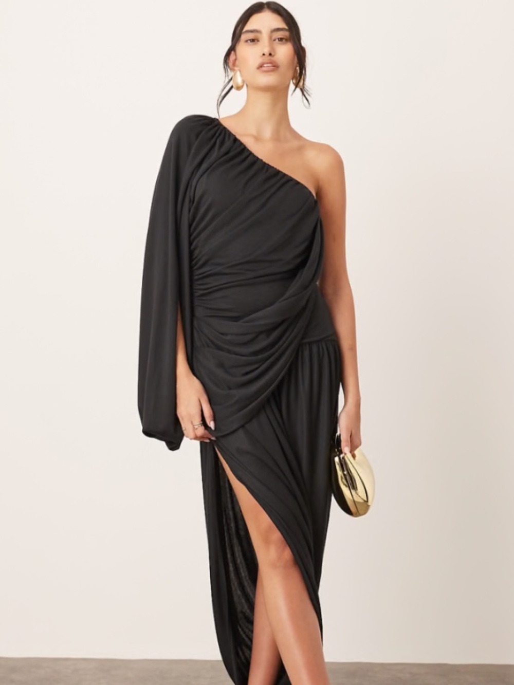 ARRANGE drape one shoulder maxi dress with tulip skirt in black